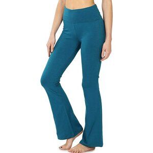 Fold Over Waist Cotton Stretch Flare Leg Boot Cut Yoga Pants Leggings - Teal
